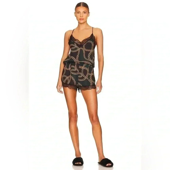 NWT Revolve Plush Chain Link Pajama tank short Set in Black & Green satin - Picture 1 of 3
